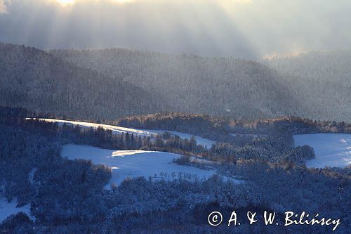 Polana Ostre, Rosochate i Otryt, widok z punktu widokowego na Ostrem, Bieszczady