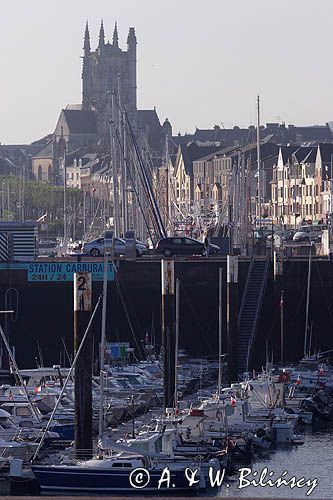 Fecamp, port jachtowy w czasie odpływu i miasto, Górna Normandia, Francja