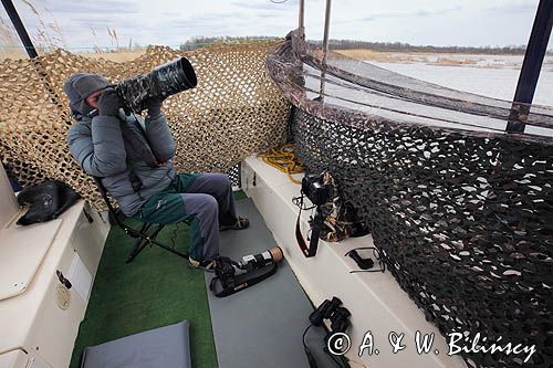 Fotograf przyrody, czatowanie, czatownia na łodzi, Vistula Cruiser 30