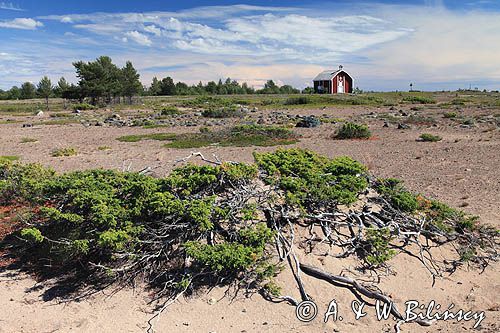 krajobraz, roślinność i kaplica na wyspie Haparanda Sandskar, Park Narodowy, Szwecja, Zatoka Botnicka