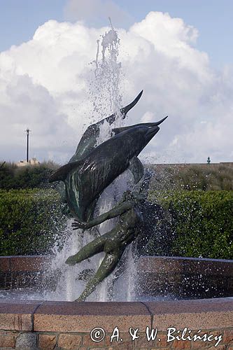 fontanna pływaka z delfinami w St. Helier, wyspa Jersey, Channel Islands, Wyspy Normandzkie