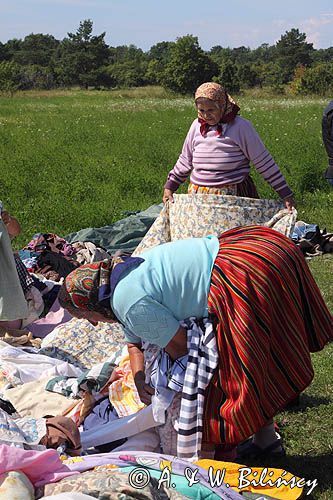 tradycyjnie ubrane kobiety na targu, wyspa Kihnu, Estonia, at local market place, Kihnu Island, Estonia
