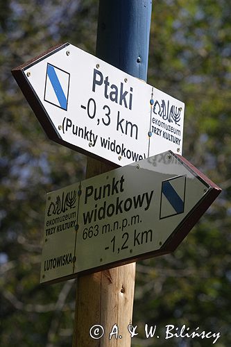 Lutowiska, Bieszczady, szlak turystyczny 'Trzy kultury', drogowskaz