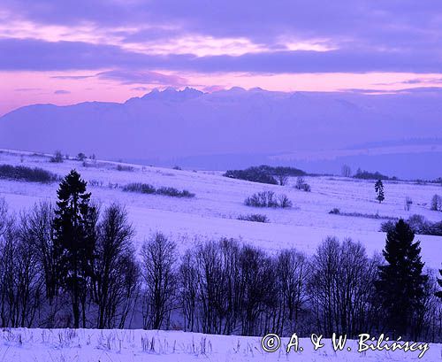 Pieniny zimą, okolice Czorsztyna nad Zalewem Czorsztyńskim, widok na Tatry