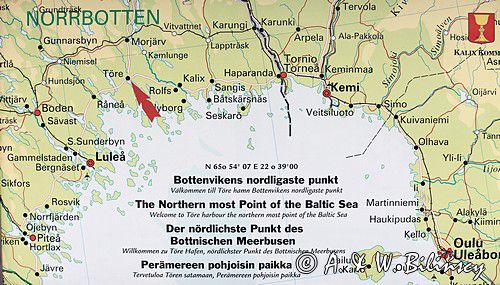 Mapa z zaznaczeniem położonego najdalej na północ portu Bałtyku w Tore, Szwecja, Zatoka Botnicka