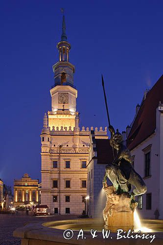 Poznań, Rynek nocą, Ratusz i fontanna Marsa