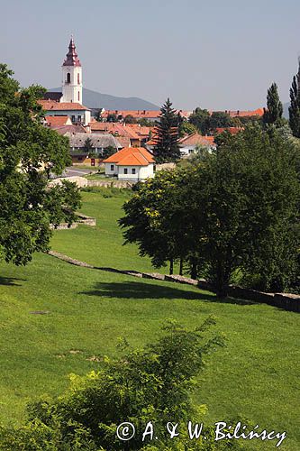 Sarospatak, panorama miasteczka z murów zamku Rakoczego, Węgry