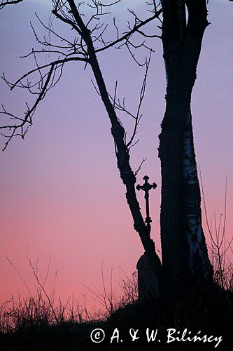 świt w Bieszczadach, Sokołowa Wola, krzyż