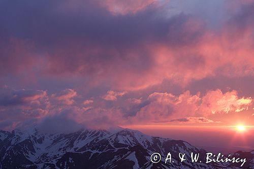 Tatry zachód słońca, widok ze Skrajnej Turni