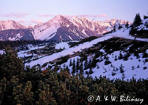 Tatry o zachodzie słońca, panorama z Przełęczy Między Kopami