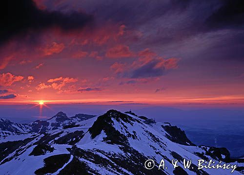 Tatry, zachód słońca, Beskid, Kasprowy i Giewont