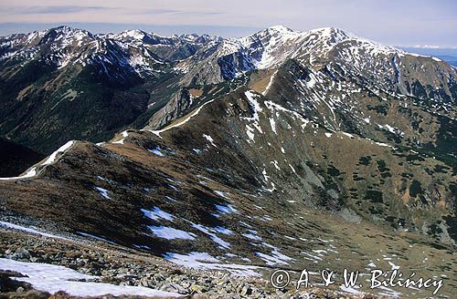 Tatry, panorama z Kasprowego Wierchu, Bystra, Starorobociański Wierch, Krzesanica, Małołączniak, Kopa Kondracka, Czuba Goryczkowa, Pośredni Wierch Goryczkowy