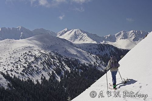 zima, skitouring na Jamborowwym Wierchu, Tatrzański Park Narodowy Murań, widok z Murzasichla