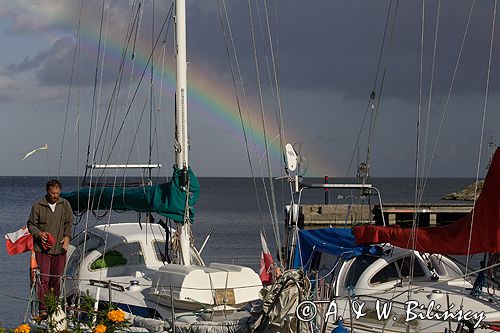 tęcza nad morzem, Bałtyk, port Kristianopel, Kalmarsund, Smaland, Szwecja