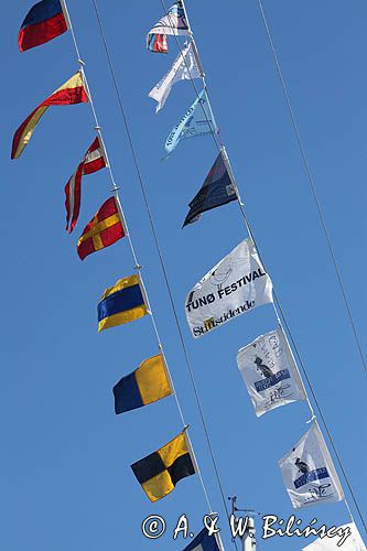 Gala flagowa i flagi festiwalowe w porcie na wyspie Tunoz okazji Tuno festival 2-5 lipca 2015, Kattegat, Dania