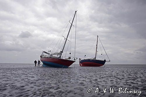 jachty na osuchu w czasie odpływu i mud walking, wycieczki piesze po osuchach na morzu, Warffumerlaag koło Noordpolderzijl, Fryzja, Waddenzee, Holandia, Morze Wattowe