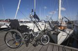 składany rower inwalidzki, nowa marina w centrum Middelfart na wyspie Fyn, Fionia, Mały Bełt, Dania
