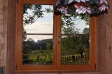 okno drewniane, widok za oknem