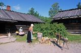 Sztokholm, rąbanie drewna w zagrodzie w Skansenie, Szwecja