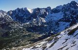 Tatry, widok z Kasprowego Wierchu na Granaty: Skrajny, Pośredni i Zadni, Czarne Ściany, Kozi Wierch, Świnica